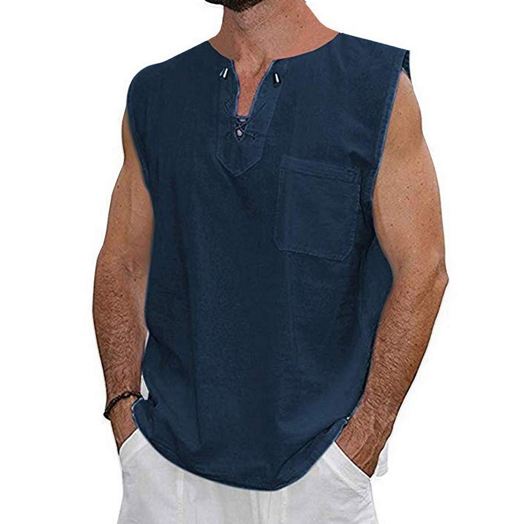 for Men Fashion Men's Summer Slim Casual Multicolor Cotton Linen Short-Sleeved Navy T-Shirt