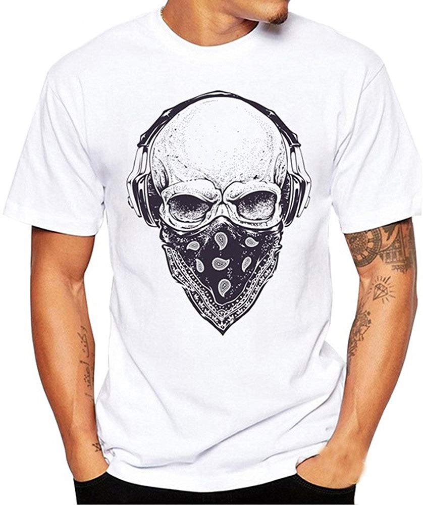 for Men Fashion Print Crew Neck HimTak Summer Short Sleeve Top White T-Shirt