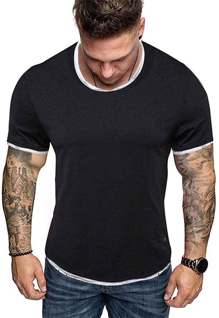 for Men O Neck Pure Color Splicing Pattern Casual Fashion Lapel Short Sleeve Black T-Shirt
