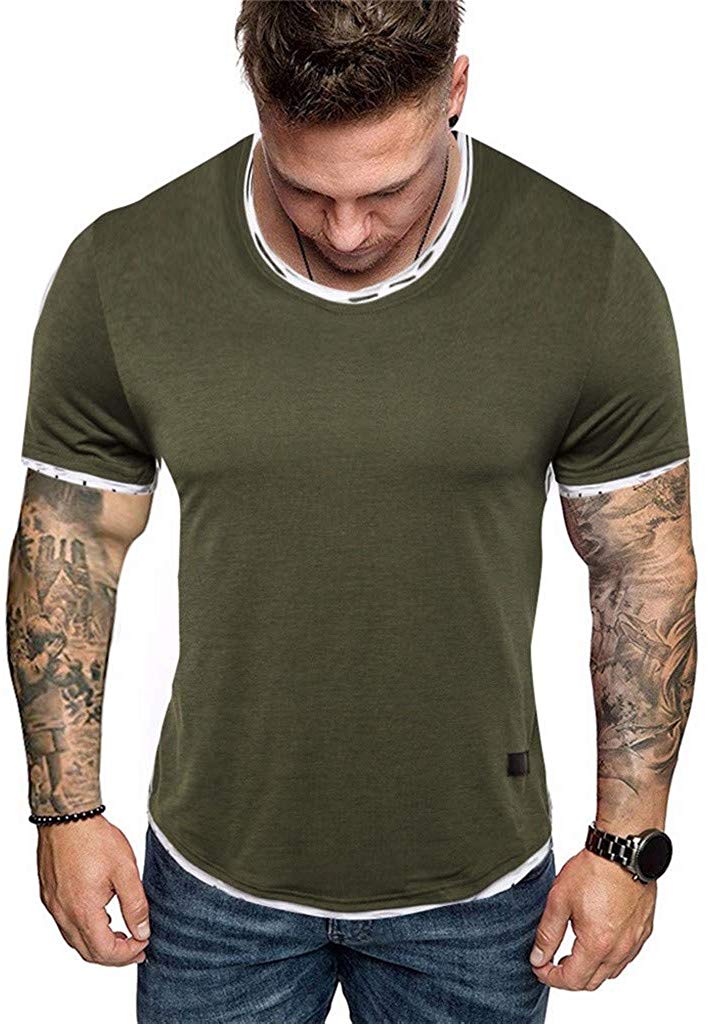 for Men O Neck Pure Color Splicing Pattern Casual Fashion Lapel Short Sleeve Green T-Shirt