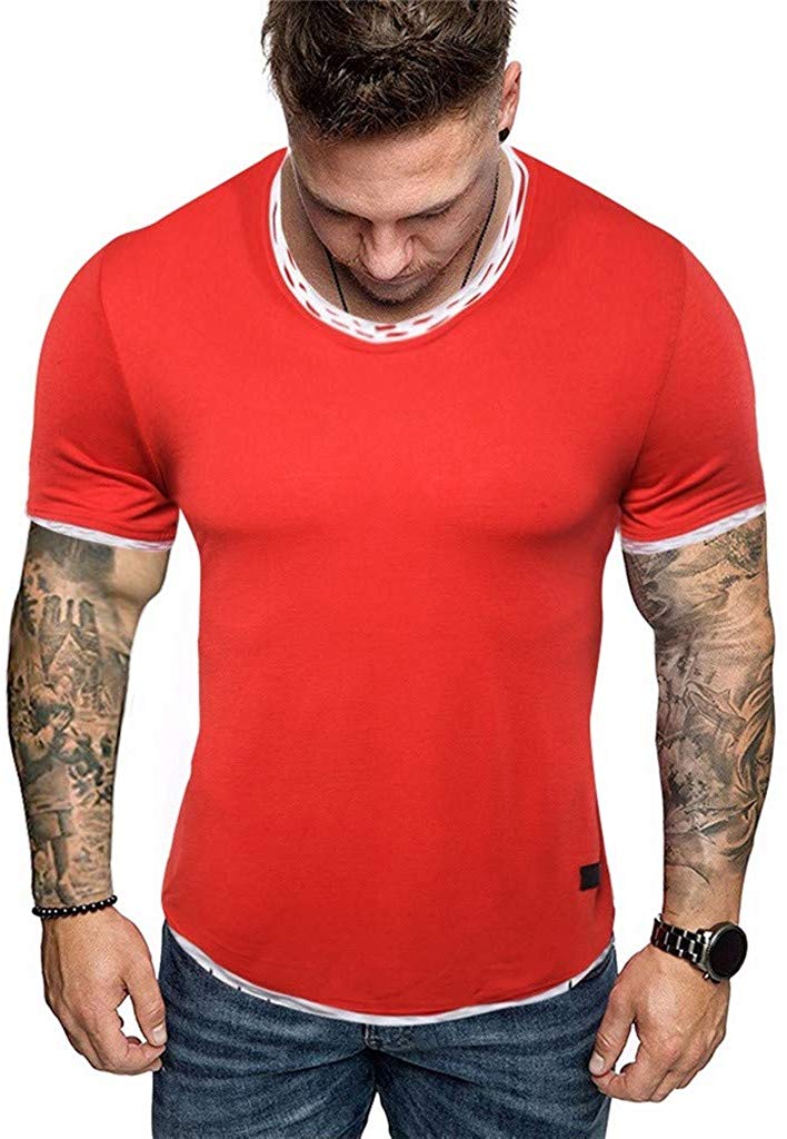 for Men O Neck Pure Color Splicing Pattern Casual Fashion Lapel Short Sleeve Red T-Shirt