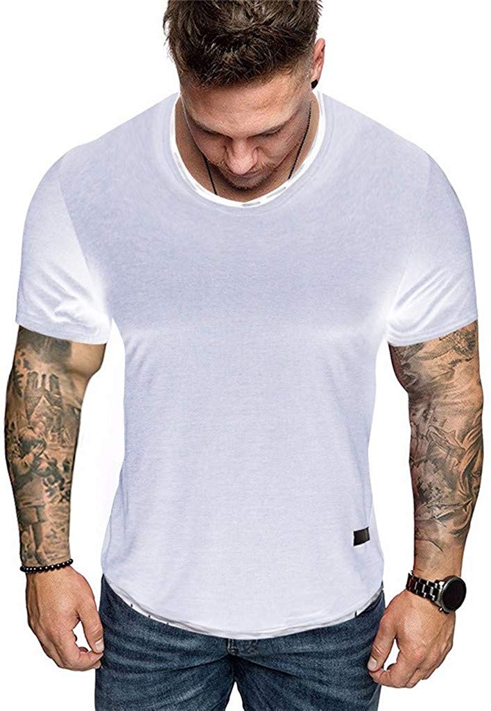 for Men O Neck Pure Color Splicing Pattern Casual Fashion Lapel Short Sleeve White T-Shirt
