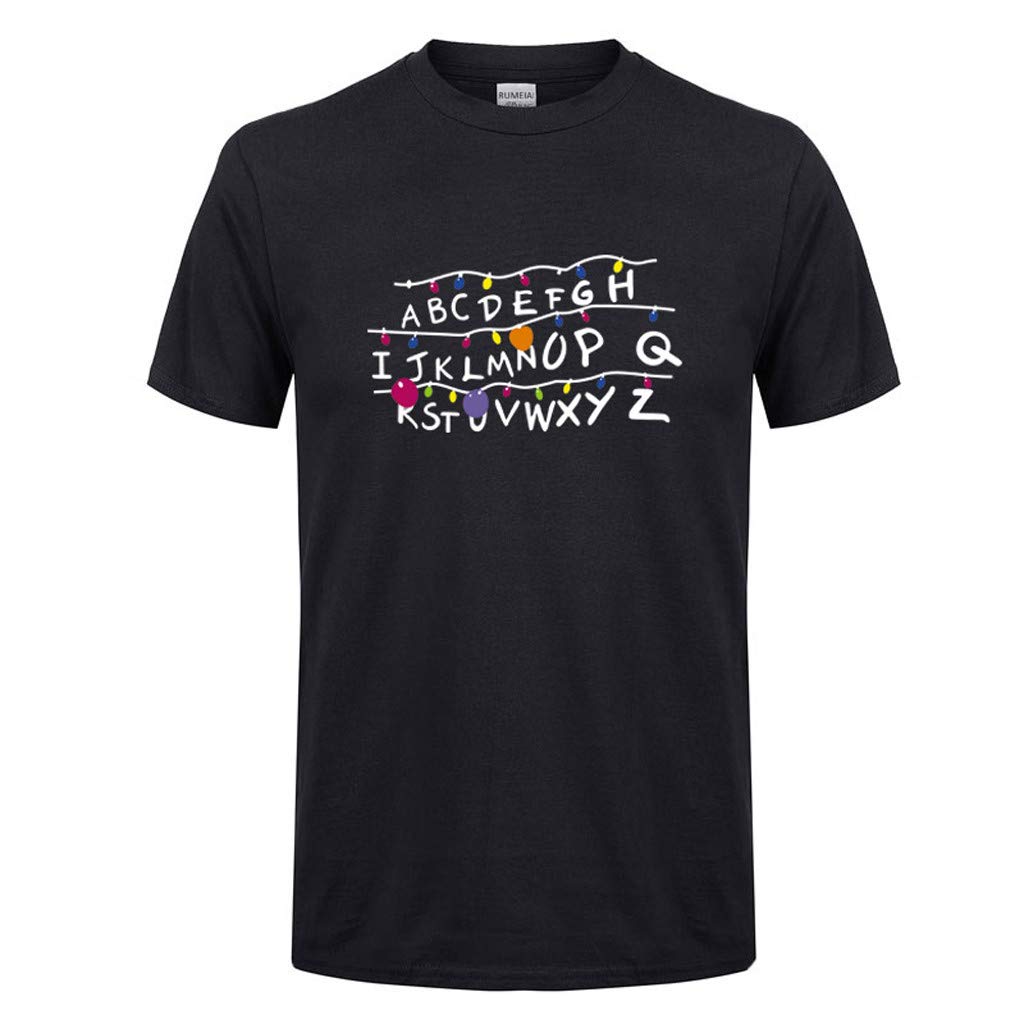 for Men Spring Summer Casual ABCDEF Alphabet Printed O-Neck Short Sleeve Cotton Black T-Shirt
