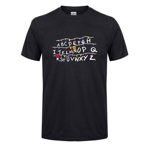 for Men Spring Summer Casual ABCDEF Alphabet Printed O-Neck Short Sleeve Cotton Black T-Shirt