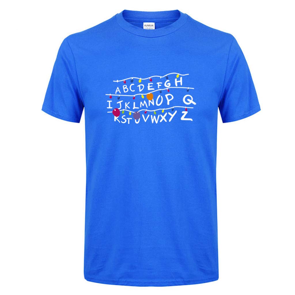 for Men Spring Summer Casual ABCDEF Alphabet Printed O-Neck Short Sleeve Cotton Blue T-Shirt