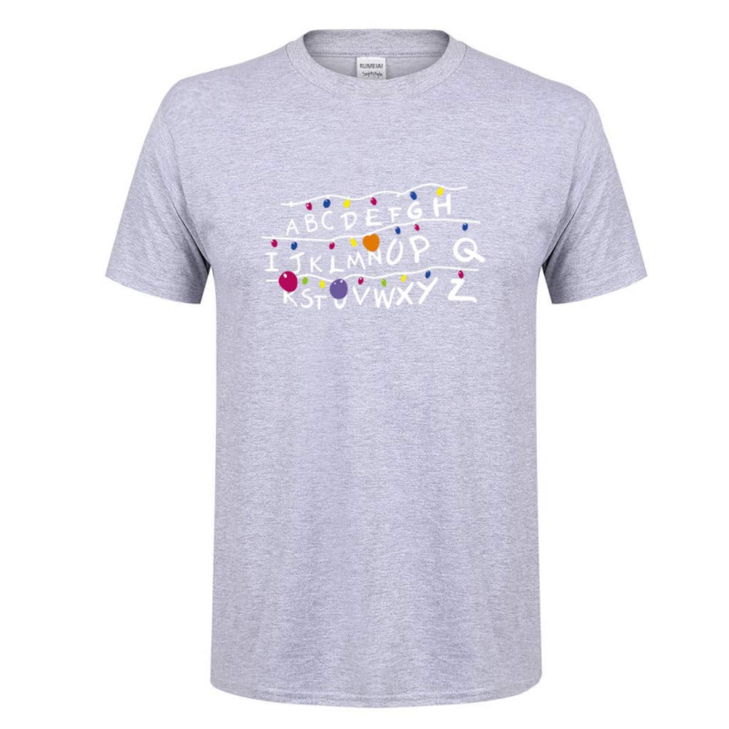 for Men Spring Summer Casual ABCDEF Alphabet Printed O-Neck Short Sleeve Cotton Gray T-Shirt
