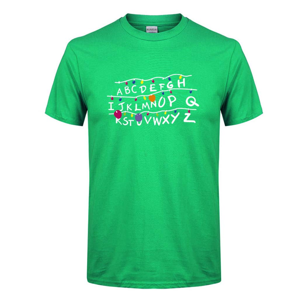 for Men Spring Summer Casual ABCDEF Alphabet Printed O-Neck Short Sleeve Cotton Green T-Shirt