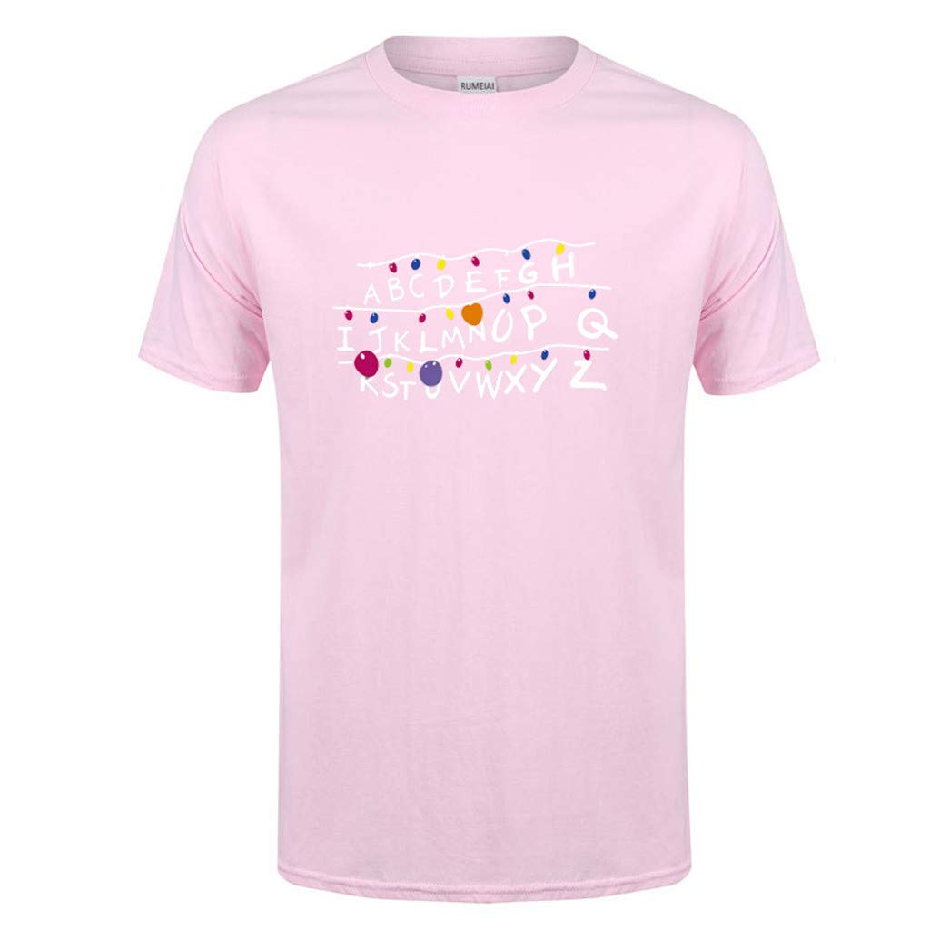 for Men Spring Summer Casual ABCDEF Alphabet Printed O-Neck Short Sleeve Cotton Pink T-Shirt