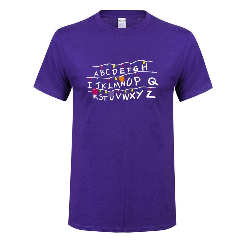 for Men Spring Summer Casual ABCDEF Alphabet Printed O-Neck Short Sleeve Cotton Purple T-Shirt