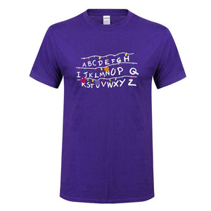 for Men Spring Summer Casual ABCDEF Alphabet Printed O-Neck Short Sleeve Cotton Purple T-Shirt