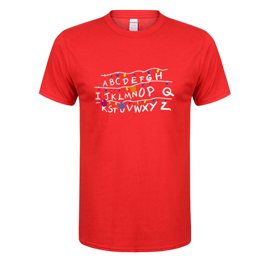 for Men Spring Summer Casual ABCDEF Alphabet Printed O-Neck Short Sleeve Cotton Red T-Shirt