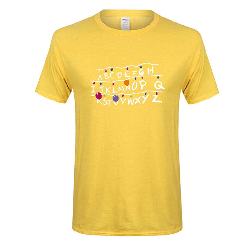 for Men Spring Summer Casual ABCDEF Alphabet Printed O-Neck Short Sleeve Cotton Yellow T-Shirt